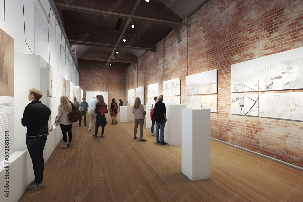 an exhibition gallery, natural light coming from the side widows, two concret columns in the middle, white urban context models, touch screens, maps and architecture drawings , Ai generated 