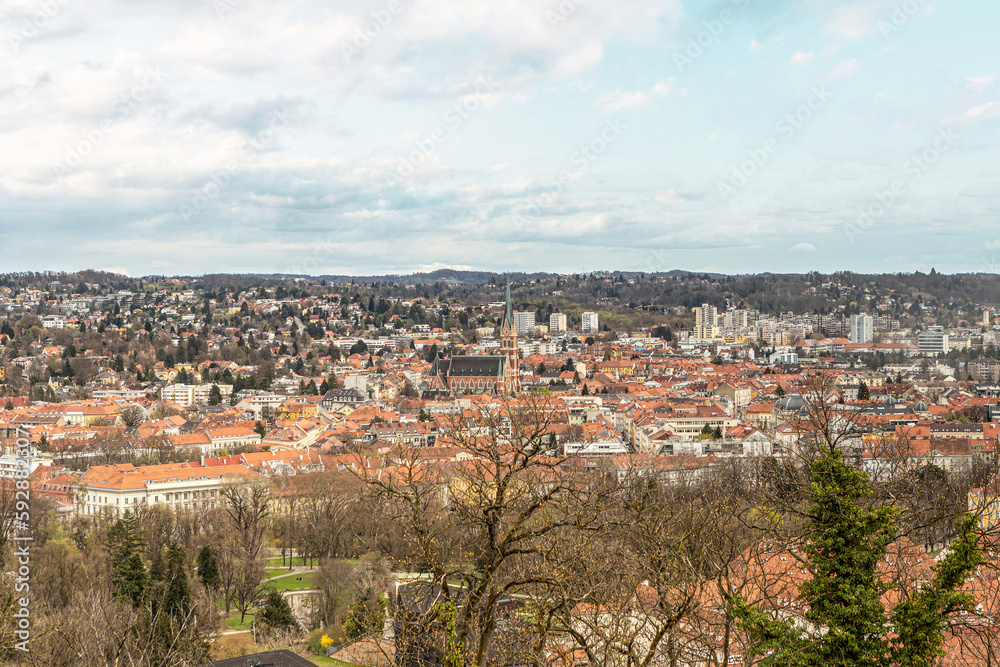 Cityscape rooftop view over Graz city, austria, in early spring in april