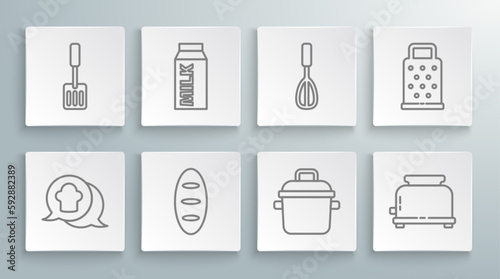 Set line Chef hat in speech bubble, Paper package for milk, Bread loaf, Cooking pot, Toaster, Kitchen whisk, Grater and Spatula icon. Vector