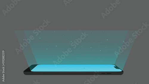 Smartphone glowing on table. Hologram effect on phone. Technology of the future. Futuristic glowing effect on tablet.