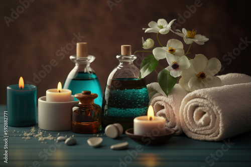 Spa meditation massage therapy center table setting of aromatic candles towels and oil bottles and flowers, Generative Ai