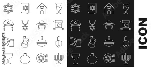 Set line Hanukkah menorah, dreidel, Torah scroll, Jewish synagogue, Star of David necklace on chain, kippah, and Orthodox jewish hat icon. Vector