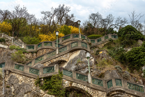 View at the stairs leading up to the Grazer Schloßberg, Graz castle hill, in early spring