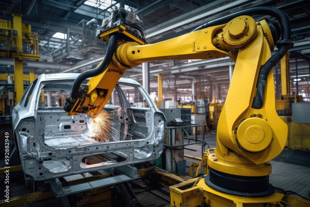 manufacture of new cars in workshop of automobile industry robotic arm ,digital ai art	
