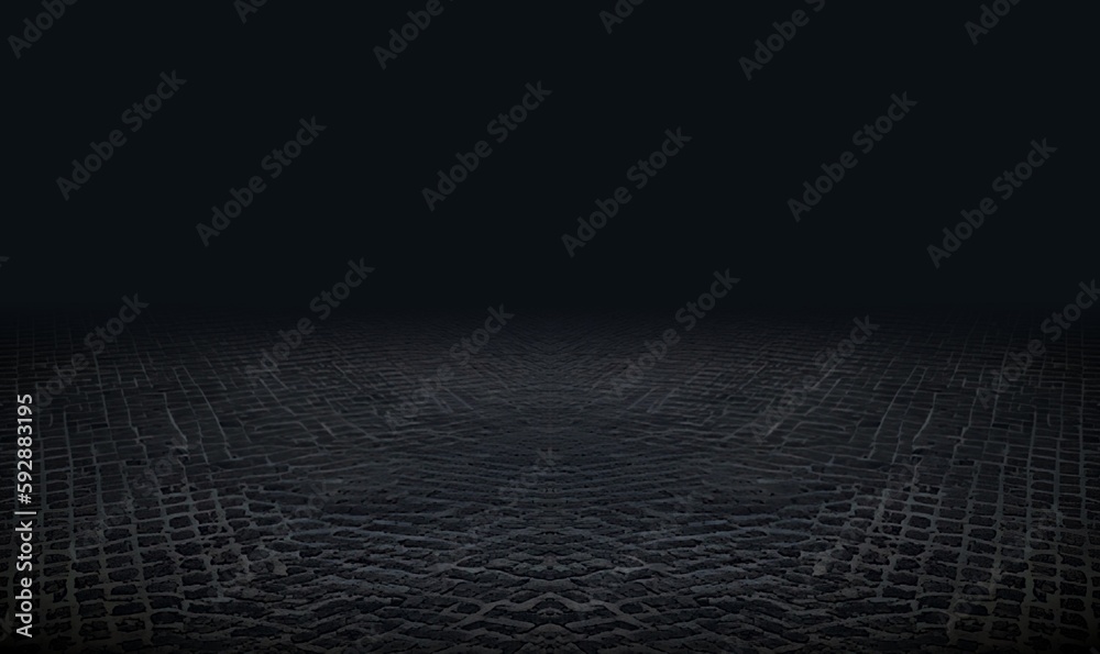 Black paving stones textured surface closeup template. Empty square background defocus distance.	 3d illustration.