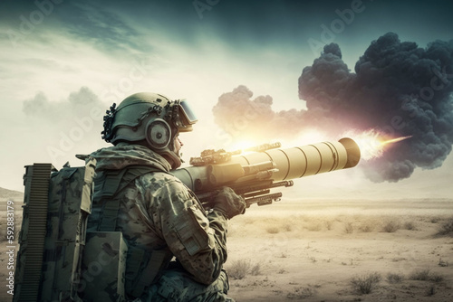 A Soldier Firing Missiles with Military Portable Rocket Launcher During Special Operation - Panoramic View, Generative Ai