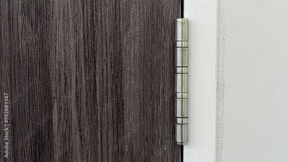 Silver-bronze door hinges with a wood-patterned door made of cherry wood and a white door frame. Silver-bronze door hinges with a wood-patterned door made of cherry wood and a white door frame.