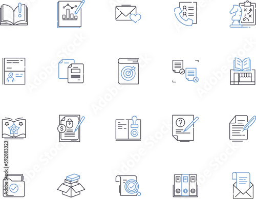 Publishing outline icons collection. Printing, Distribution, Authoring, Editing, Subscribing, Merchandising, Marketing vector and illustration concept set. Promoting, Submitting, Illustrating linear