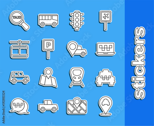 Set line Location with taxi, Taxi car, Laptop call service, Traffic light, Parking, Cable, Magnifying glass and and icon. Vector