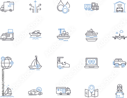 Shipping outline icons collection. Transportation, Cargo, Delivery, Movement, Mail, Ocean, Air vector and illustration concept set. Logistics, Parcel, Services linear signs