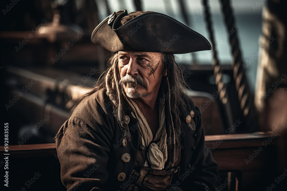 portrait of pirate captain in costume and hat on medieval ship. Generative AI portrait of pirate captain in costume and hat on medieval ship. Generative AI