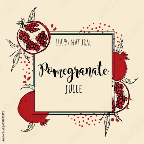 Hand drawn pomegranate vintage composition. Vector colored engraved illustration. Juicy natural fruit. Food healthy ingredient.