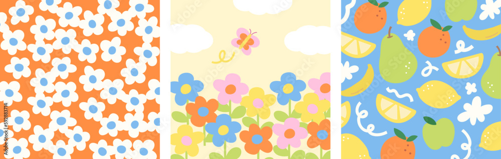 Summer wallpapers come with three designs: white flowers on orange background, colourful flowers with butterfly, and fruits. Can be used for print, decoration, presentation, banner, poster, etc.