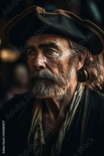 old pirate captain in costume and hat on medieval ship. Generative AI