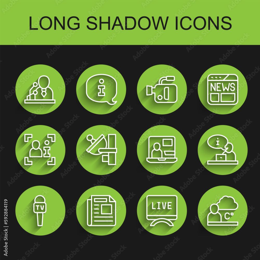 Set line Microphone, News, Breaking news, Live report, Weather forecast, Radar, Television and World icon. Vector