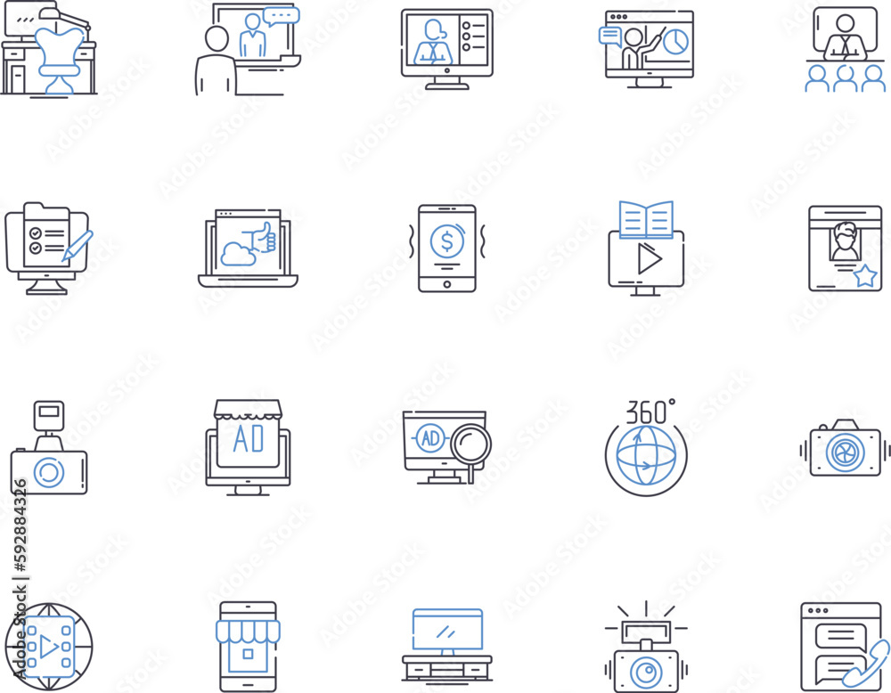 Multimedia outline icons collection. Audio, Video, Graphics, Animation, Image, Text, Interaction vector and illustration concept set. Communication,Storage,Authoring linear signs Multimedia outline icons collection. Audio, Video, Graphics, Animation, Image, Text, Interaction vector and illustration concept set. Communication,Storage,Authoring linear signs