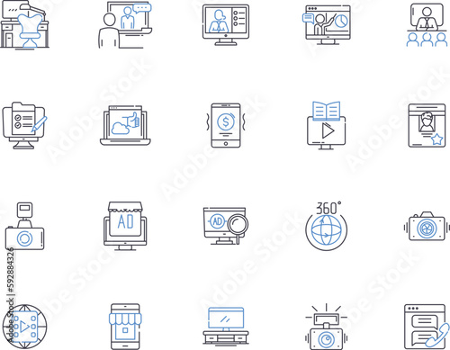Multimedia outline icons collection. Audio, Video, Graphics, Animation, Image, Text, Interaction vector and illustration concept set. Communication,Storage,Authoring linear signs