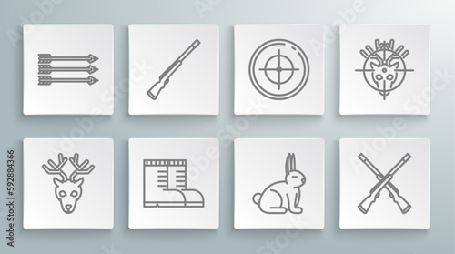 Set line Deer head with antlers, Hunting gun, Hunter boots, Rabbit, Two crossed shotguns, Target sport for shooting competition, deer crosshairs and Hipster arrows icon. Vector