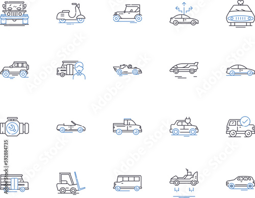 Car and logistic outline icons collection. Car, Logistic, Vehicle, Delivery, Transport, Shipment, Fleet vector and illustration concept set. Automobile, Logistics, Relocation linear signs