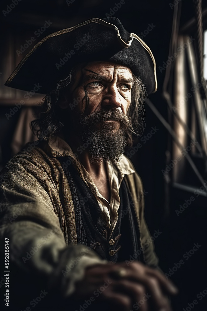 Obraz premium portrait of pirate corsair captain in costume and hat on medieval ship at caribbean sea. Generative AI