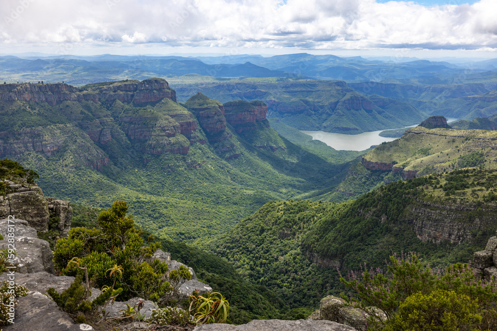 Naklejka premium View down the green valley and mountains