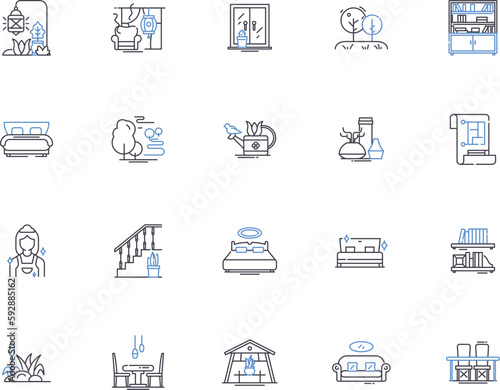 Living at home outline icons collection. Dwell, Reside, Abide, Occupy, Co-habit, Inn, Household vector and illustration concept set. Home, Surviving, Lounging linear signs