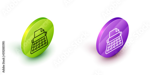 Isometric line Retro typewriter and paper sheet icon isolated on white background. Green and purple circle buttons. Vector