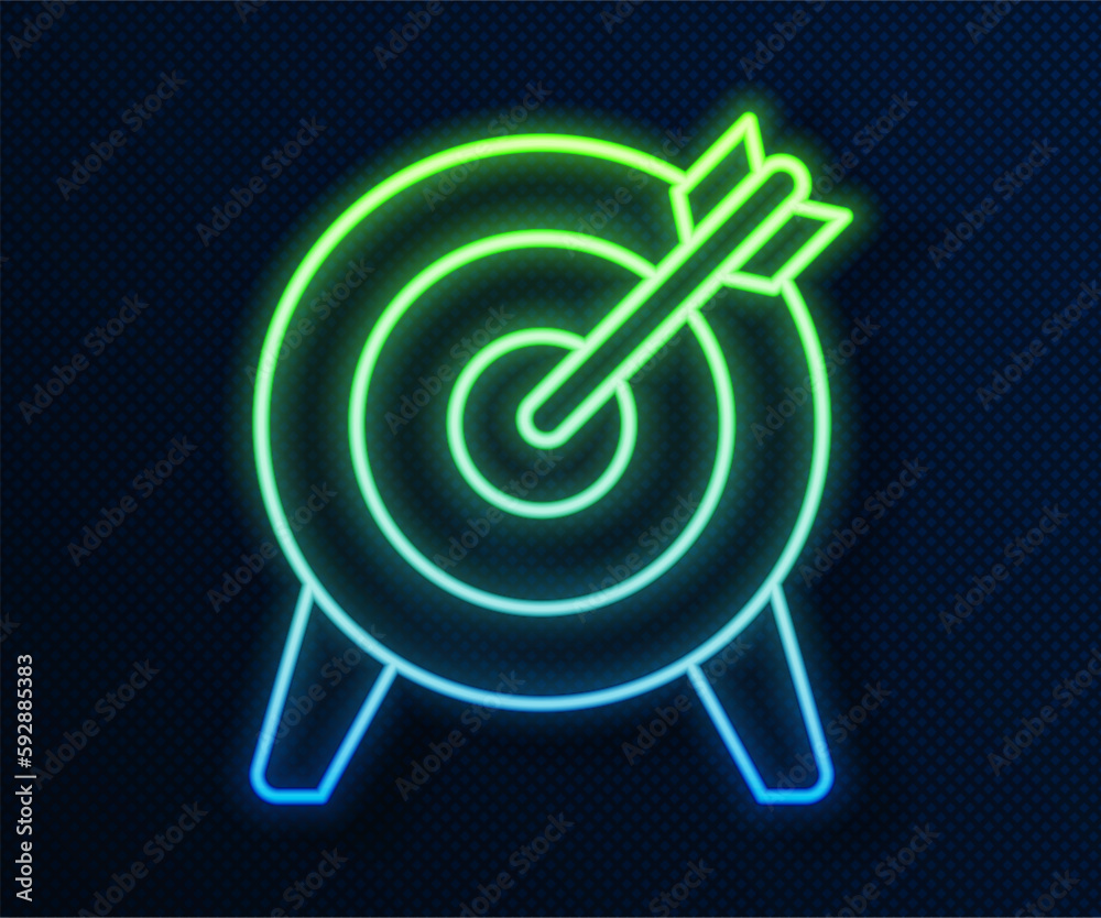 Glowing neon line Target financial goal concept icon isolated on blue background. Symbolic goals achievement, success. Vector Glowing neon line Target financial goal concept icon isolated on blue background. Symbolic goals achievement, success. Vector