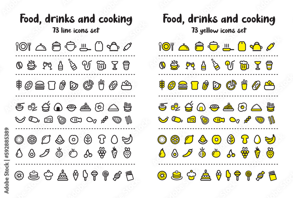 Fototapeta premium Big icons set of cooking, food, drinks, fast food, menu fruits, vegetables, sweets, desserts, meat isolated on white background. Big collection of 73 food and cooking icons. Vector design
