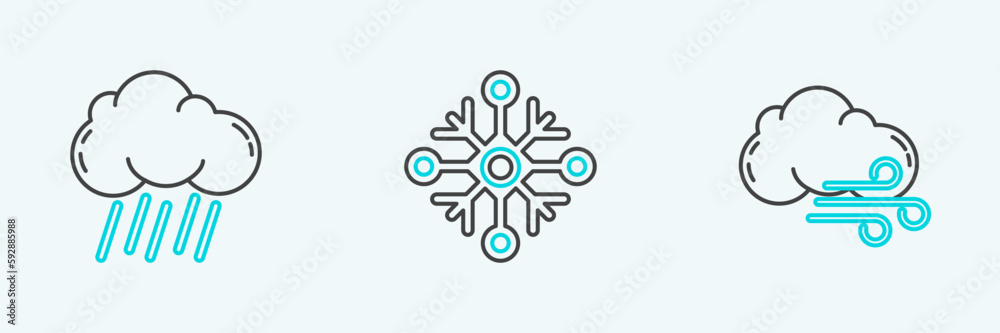 Set line Windy weather, Cloud with rain and Snowflake icon. Vector Set line Windy weather, Cloud with rain and Snowflake icon. Vector