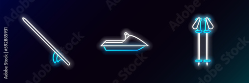 Set line Ski poles, Surfboard and Jet ski icon. Glowing neon. Vector