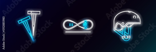 Set line Helmet, Pegs for tents and Skateboard trick icon. Glowing neon. Vector