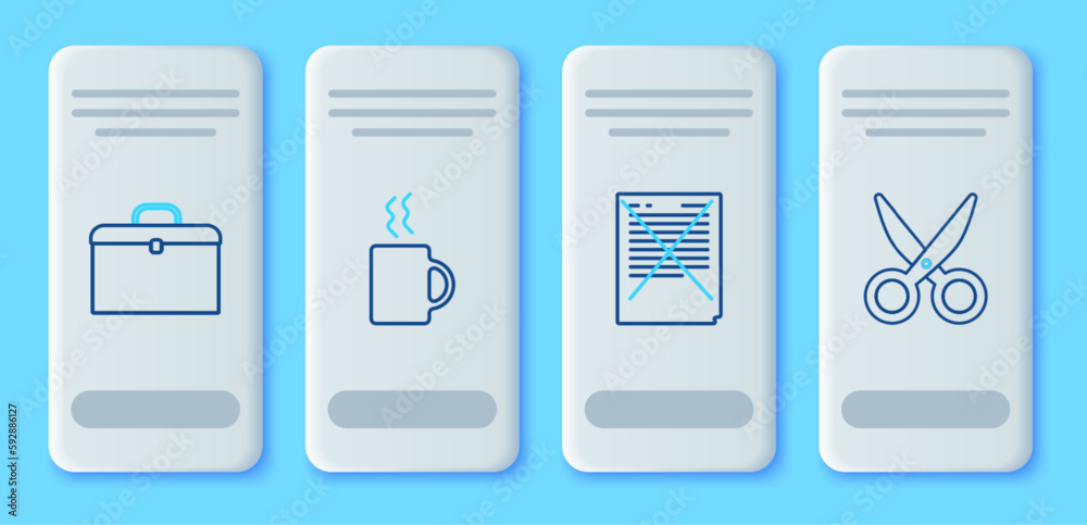 Set line Coffee cup, Exam paper with incorrect answers survey, Briefcase and Scissors icon. Vector