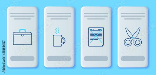 Set line Coffee cup, Exam paper with incorrect answers survey, Briefcase and Scissors icon. Vector