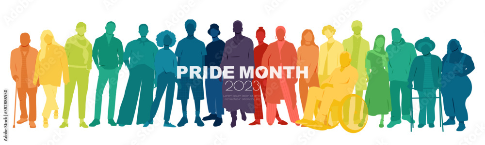 Pride Month 2023 banner. Different people stand side by side together. Pride Month 2023 banner. Different people stand side by side together.