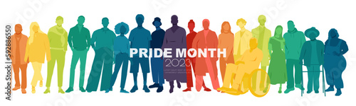 Pride Month 2023 banner. Different people stand side by side together.