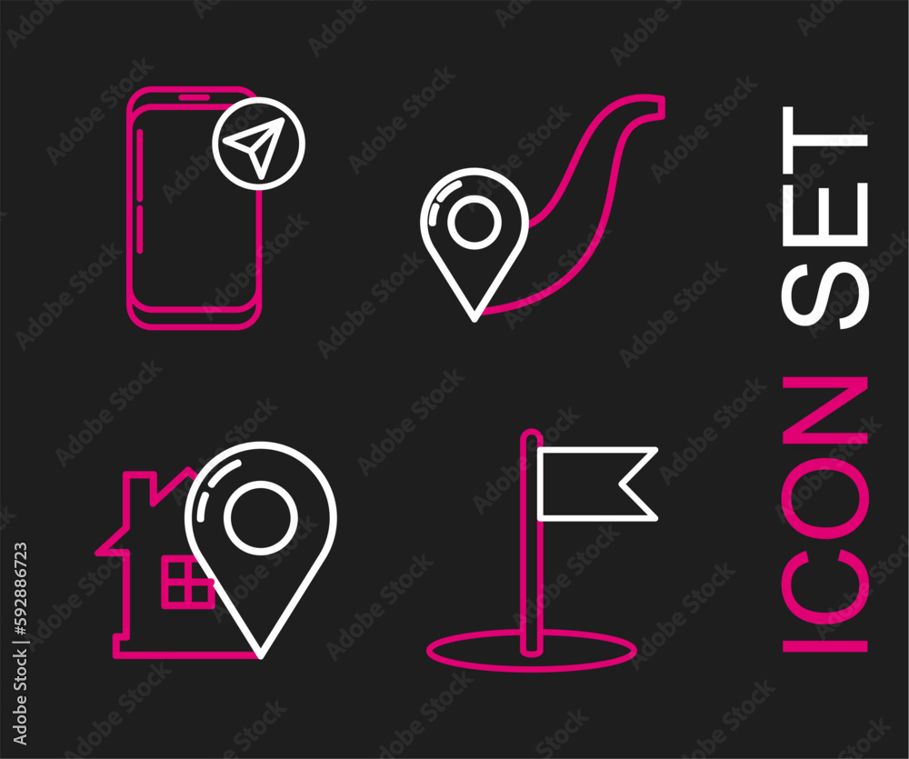 Set line Flag, Map pointer with house, Route location and Infographic of city map navigation icon. Vector Set line Flag, Map pointer with house, Route location and Infographic of city map navigation icon. Vector