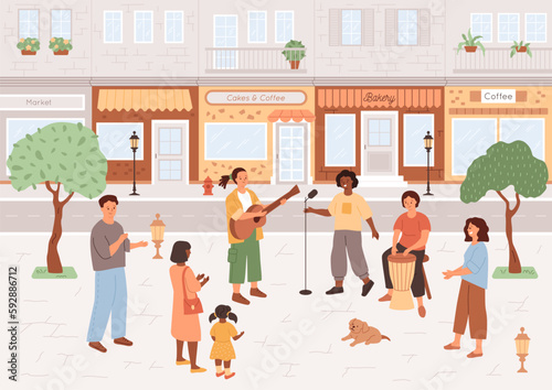 Street musicians play on square in city. Crowd of young people  child and dog are listening to music and having fun. Street lifestyle. Vector illustration. Cafe and windows on background.