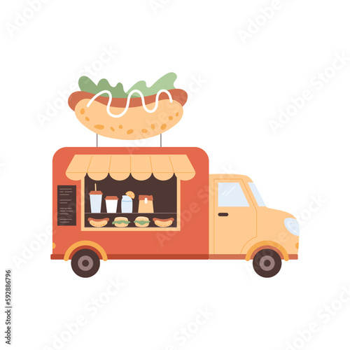 Hot dog van, street food truck. Drinks, lemonade, coffee, hamburger in menu. Isolated fastfood transport. Vector illustration.