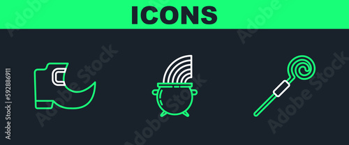 Set line Walking stick, Tradition leprechaun boots and Witch cauldron and rainbow icon. Vector