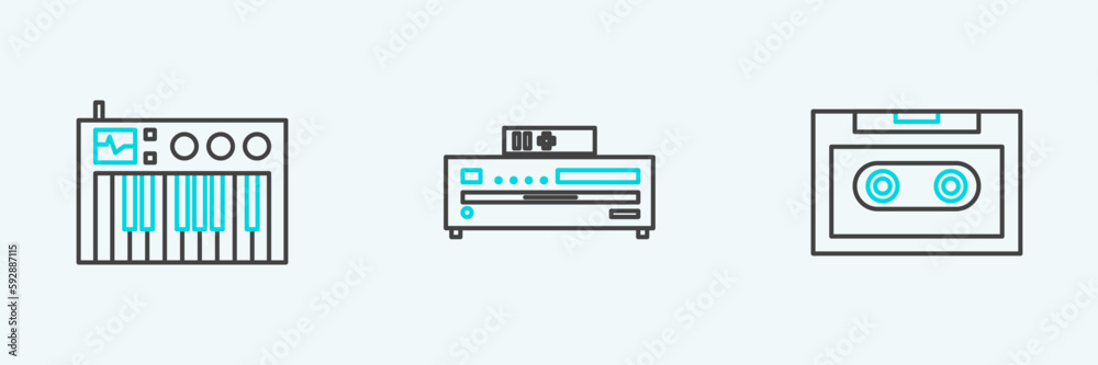 Set line Retro audio cassette tape, Music synthesizer and CD player icon. Vector