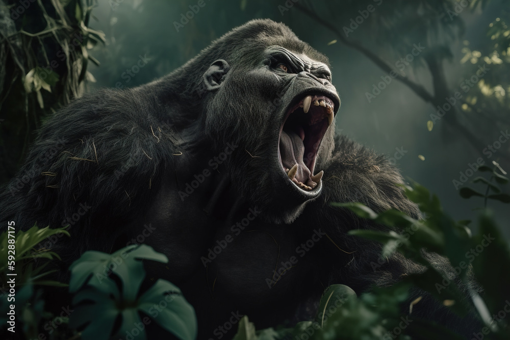 Angry aggressive monkey gorilla in jungle. Screaming king kong in forest. Generative AI animal illustration - obrazy, fototapety, plakaty 