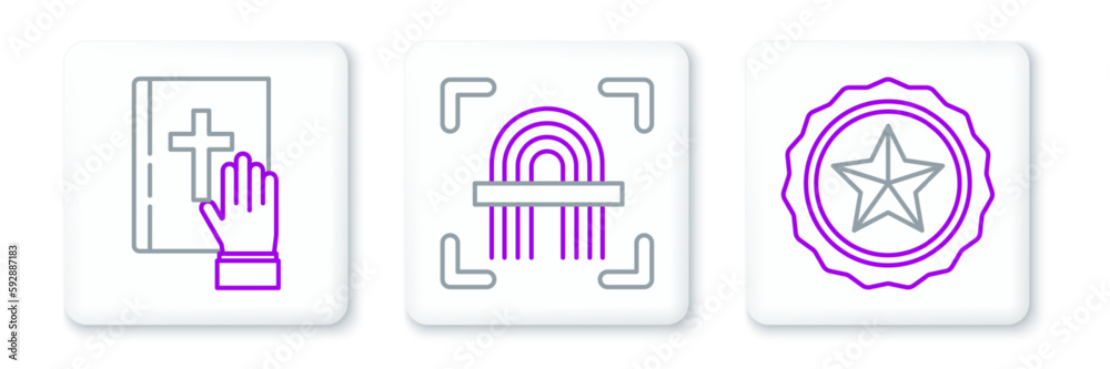 Set line Police badge, Oath on the Holy Bible and Fingerprint icon. Vector Set line Police badge, Oath on the Holy Bible and Fingerprint icon. Vector
