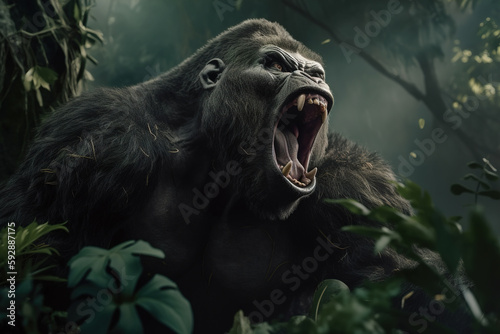 Fototapet Angry aggressive monkey gorilla in jungle