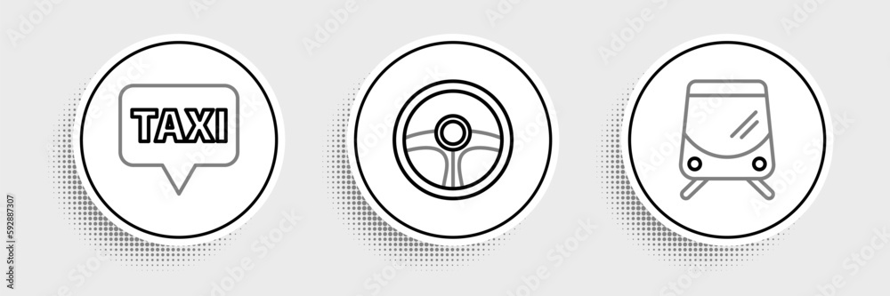 Set line Tram and railway, Map pointer with taxi and Steering wheel icon. Vector Set line Tram and railway, Map pointer with taxi and Steering wheel icon. Vector