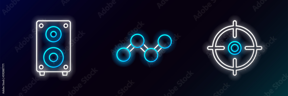 Set line Target sport, Stereo speaker and Share icon. Glowing neon. Vector Set line Target sport, Stereo speaker and Share icon. Glowing neon. Vector