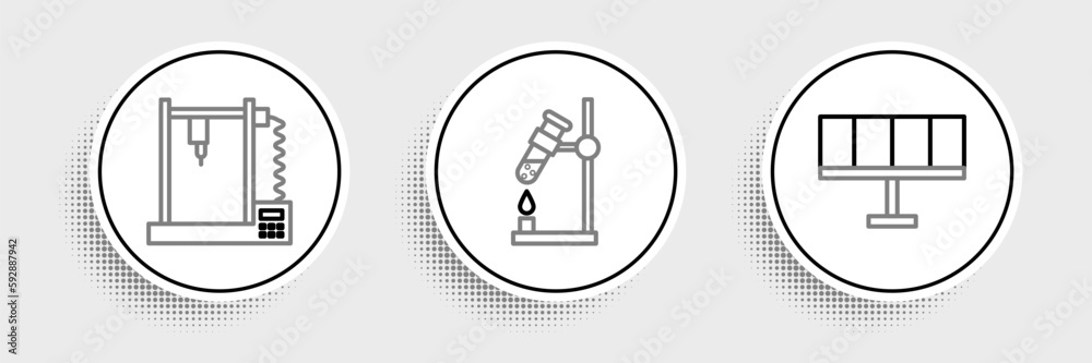 Set line Solar energy panel, 3D printer and Test tube flask on fire icon. Vector Set line Solar energy panel, 3D printer and Test tube flask on fire icon. Vector