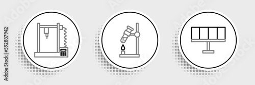 Set line Solar energy panel, 3D printer and Test tube flask on fire icon. Vector
