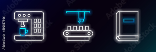 Set line User manual, Coffee machine and Factory conveyor system belt icon. Glowing neon. Vector