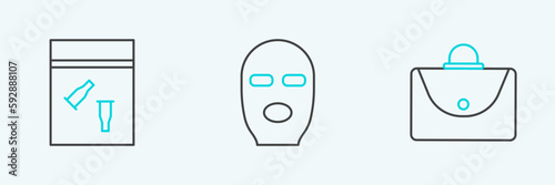 Set line Briefcase, Evidence bag and bullet and Thief mask icon. Vector